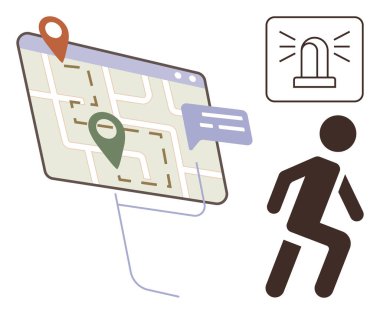 Konum şifreli yol haritası, uyarı sinyali, mesaj baloncuğu ve yön bulma, aciliyet ve seyahat planlarını gösteren çalışan figür. Acil durum, konum takibi, seyrüsefer teslimatı için ideal