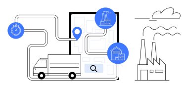 Teslimat kamyonu, dijital haritadaki yerini, rotasını ve kronometresini takip ediyor. Lojistik, tedarik zinciri, dağıtım, dağıtım, dağıtım, üretim, ulaşım için ideal basit