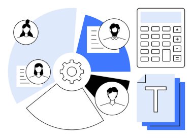 Belgeler, profiller, hesap makinesi, çark ve takım çalışmasını, iş akışını, veri analizini vurgulayan segmentli şema. Üretkenlik, araştırma veri yönetimi işbirliği analitik stratejisi için ideal