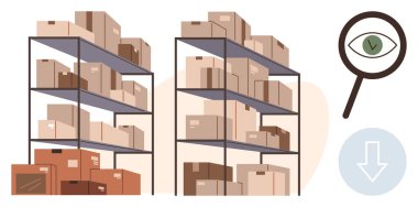 Sıralar dolusu depolama rafları sıralanmış kutularla dolu, yanında da bir göz ve işaretli bir büyüteç var. Lojistik, tedarik zinciri, envanter yönetimi, dağıtım, organizasyon ve e-ticaret için ideal