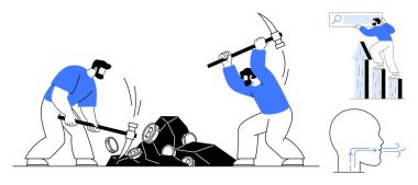 İki birey araçlarla taş kırıyor, biri bir büyüteçle çubuk grafiklerine tırmanıyor, ilerlemeyi, inadı, keşfi, analizi, çok çalışmayı, bilinçli büyümeyi ve kararlılığı vurguluyor. İdeal