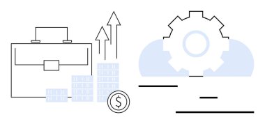Çanta, oklarla istiflenmiş bar çizelgeleri, dolar sikkeleri ve dişliler iş büyümesi, mali strateji, takım çalışması, başarı, verimlilik, yenilik ve basit iniş planları öneriyor