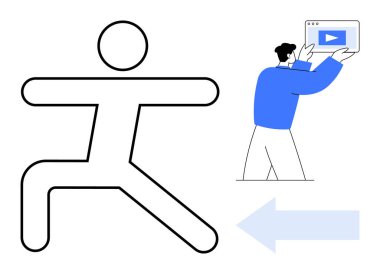 Hareketli soyut çubuk figürü, ortam içerikli bir tarayıcı penceresi tutan bir kişi ve yön oku. Markalaşma, ilerleme, hareket, yön, navigasyon, hedefler için ideal basit iniş