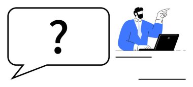 Resmi giyinmiş bir adam, konuşma balonundaki soru işaretine doğru dizüstü hareketler yapıyor. İletişim, araştırma, beyin fırtınası, fikirler, karar verme, problem çözme, basit düz metafor