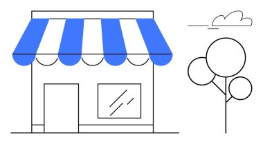 Mavi çizgili tenteli, dikdörtgen pencereli kapı, ağaç ve bulutlu vitrin tasarımı. İşletmeler, perakende satış, yerel mağazalar küçük işletmeler, basitlik markalaşması için idealdir. Temiz ve basit.