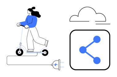 Elektrikli scooter kullanan kadın, bulut ve dijital paylaşım ikonu ile birlikte şarj istasyonuna bağlı. Yeşil enerji, hareketlilik, eko-bilinç, teknoloji, paylaşım ekonomisi ve yenilik için ideal