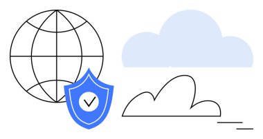 Küresel erişimi simgeleyen dünya ızgarası, güvenlik işaretli kalkan ve bulut hesaplama için bulutlar. Çevrimiçi güvenlik, veri koruması, bulut hizmetleri, bağlantı, güven ve internet için ideal