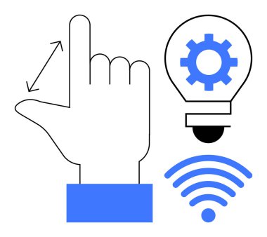 El hareketi etkileşimi gösteriyor, ampulün içindeki teçhizat yeniliği sembolize ediyor, ve kablosuz sinyal bağlantısını vurguluyor. Teknoloji, yenilik, arayüz, yaratıcılık için ideal