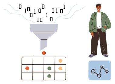 İkili kod bir huniye girer ve yapılandırılmış bir tabloya dönüşür. Bir insan yakınlarda duruyor, insanların katılımını ve veri analizini simgeliyor. Teknoloji için ideal, büyük veri, makine öğrenimi, yapay zeka