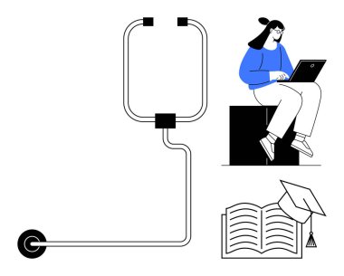 Dizüstü bilgisayar kullanan öğrenci bir blokta oturuyor, mezuniyet şapkası ve ağ kablosu ile açık bir kitap. Uzaktan eğitim, e-öğrenme, çevrimiçi bağlantı, teknoloji, öğrenim, bilgi paylaşımı için ideal basit bir daire