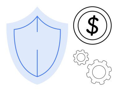 Kalkan, dolar sembolü ve vitesler mali koruma, güvenlik, operasyonel verimlilik ve mekanizma kavramlarını iletir. Finans, güvenlik, sigorta teknolojisi işlem yönetimi için ideal