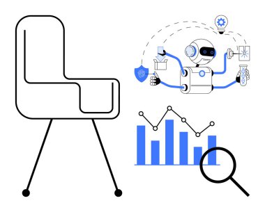 Dijital aletlerle robot çoklu görevi, bar çizelgesi analizi, büyüteç ve modern sandalye. Teknoloji, yapay zeka, ofis otomasyonu, analitik, iş eğilimleri için idealdir. Basit düz tasarım.