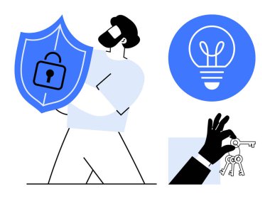 Kilit sembollü kalkan tutan adam, ampul simgesi fikirleri simgeleyen, el ele tutuşan anahtar. Güvenlik, yenilik, koruma, erişim, çözümler, güvenlik yaratıcılığı için ideal basit iniş sayfası