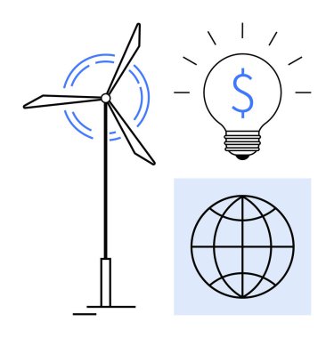 Rüzgar türbini enerji üretiyor, küresel bağlantı için bir küre ve maliyet tasarrufu ve fikirleri simgeleyen bir ampul. Sürdürülebilirlik, yeşil enerji, yenilik, eko-dostluk, küresel pazar için ideal