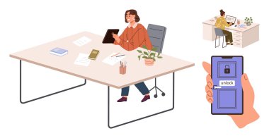 Masada tablet kullanan bir kadın, bilgisayarda çalışan başka bir kadın, kilidi açan akıllı telefon. Takım çalışması, teknoloji entegrasyonu, uzaktan çalışma, çevrimiçi güvenlik, profesyonel işbirliği, modern ofis için ideal