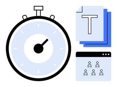 Kronometre zaman takibi, metin formatında birden fazla belge ve dijital ekip platformu olduğunu gösteriyor. Üretkenlik, teslim tarihleri, organizasyon, takım çalışması, görev planlaması, iş akışı optimizasyonu için ideal