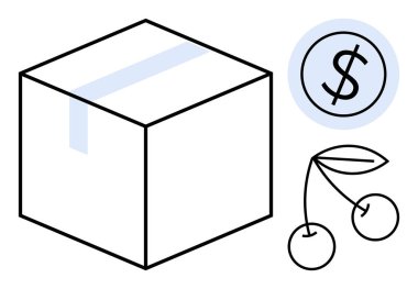 Kaset dolu bir kutu, daire şeklinde dolar işareti ve sapında iki kiraz. E-ticaret, ambalaj, fiyatlandırma, tarım, ticaret taşımacılığı ekonomisi için idealdir. Basit düz metafor