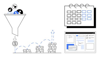 Satış hunisi müşterileri gelirlere filtreler, büyümeyi gösteren madeni paralar, planlama işleri için takvim ve web sitesi arayüzü. İş stratejisi, pazarlama, proje yönetimi ve finans için ideal