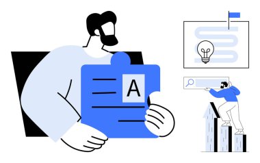 Adam bulmaca parçasını metin ile tutuyor, yol haritasında bayrak işaretleri hedefi, figür arama çubuğuna doğru tırmanıyor. Takım çalışması, yaratıcılık, yenilik, planlama, öğrenme, büyüme için ideal düz metafor