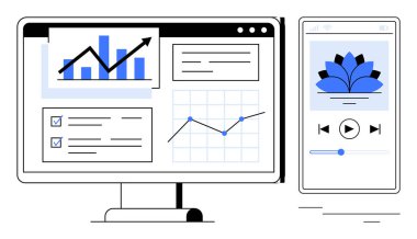 Çizelgeleri, listeleri ve grafikleri olan masaüstü ekranı sakinleştirici lotus ikonu ile ses çalan bir akıllı telefonun yanında. Üretkenlik, farkındalık, iş, veri görselleştirme, görev planlaması için ideal