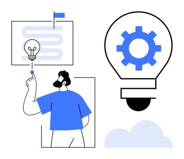 Ampul metaforunda dişlilerin yanında, yol haritasına lamba fikirleriyle bakan bir adam. Yenilik, strateji, planlama, yaratıcılık, çözümler, iş büyümesi, takım çalışması için ideal düz metafor