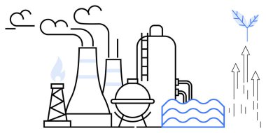 Bacaları, petrol kulesi, dalgaları ve temiz enerji ikonu olan bir fabrika. Endüstri, enerji, çevre, sürdürülebilirlik teknolojisi kirliliği için ideal iklim değişikliği. Basit bir düz metafor.