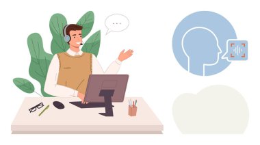 Bilgisayar, konuşma tanıma ikonu üzerinde çalışırken kulaklık hareketlerinde profesyonelce. İletişim, destek, teknoloji, yapay zeka, uzaktan çalışma, müşteri etkileşimi eğitimi için ideal. Basit düz