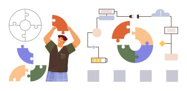 Renkli yapboz parçaları düzenleyen, iş akışındaki elementleri birleştiren adam. Takım çalışması, işbirliği, beyin fırtınası, problem çözme, proje yönetimi, yaratıcılık, yenilik için ideal