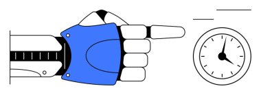 Analog saate işaret eden mavi eldivenli robot kol otomasyon, hassasiyet ve zaman bilincini vurguluyor. Teknoloji için ideal, üretkenlik, zaman yönetimi, robotik, yenilik, gelecek