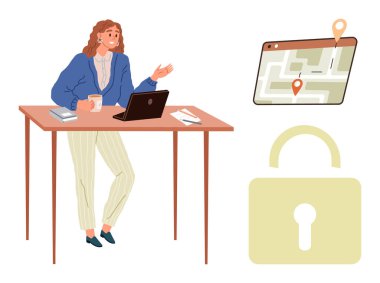 Bilgisayarda çalışırken el kol hareketi yapan bir kadın. Konum şifreli harita ve kilit simgesi. Uzak çalışma, navigasyon, siber güvenlik, iletişim, dijital araçlar, planlama güvenlik temaları için ideal
