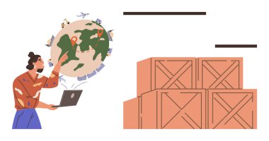 Dünya üzerindeki uluslararası dağıtım yollarını yönetmek için dizüstü bilgisayar kullanan kişi, tedarik zinciri, lojistik ve küresel bağlantıları vurguluyor. İş, gemicilik, teknoloji, ticaret, yönetim için ideal