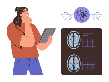 Elinde tablet olan kadın beyin taramalarını analiz ediyor. Karanlık panelde gösterilen beyin görüntüleri. Sinirsel ağ ikonu yapay zeka, bilim ve araştırma öneriyor. Sağlık, teknoloji, yapay zeka ve yenilik bilimi için ideal