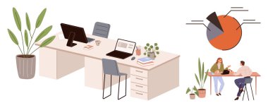 Dizüstü bilgisayarları, bitkileri ve istiflenmiş kitapları olan ofis masaları. Pasta çizelgesi analizi ve iki iş arkadaşı bir tartışmaya girdi. Takım çalışması, üretkenlik, çalışma alanı, işbirliği, veri analiz bürosu için ideal