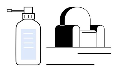 Pompa şişesi ve koltuk çok az gölgelendirme ile kalın ve temiz çizgiler oluşturuldu. Temizlik, basitlik, rahatlama, kendine dikkat, rahatlık, iç tasarım refahı için idealdir. Düz basit metafor