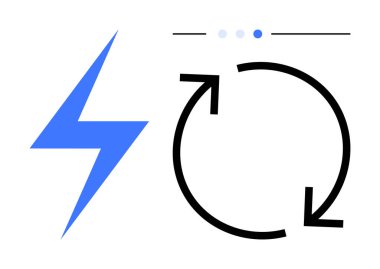 Elektrik, sürdürülebilirlik ve süreç akışını vurgulayan noktalı yıldırım ve dairesel ok. Yenilenebilir enerji, yenilik, verimlilik, otomasyon, geri dönüşüm için ideal, basit teknoloji