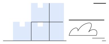 Mavi geometrik binalar şebeke şeklinde dizilmiş, yatay çizgileri olan basit bulut şekli. Mimarlık, kentsel planlama, inşaat, yenilik, yaratıcılık, minimalizm, basit iniş için ideal