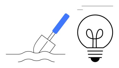 Kürek ampulün yanındaki dalgalı toprağa gömülü, fikirleri, yaratıcılığı ve çözümleri temsil ediyor. Yaratıcılık, yenilik, problem çözme, araştırma, sürdürülebilir büyüme için beyin fırtınası için ideal