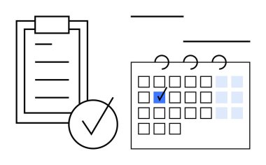 Listelenmiş görevleri, dairesel işaretleri ve mavi işaretli bir takvimi olan bir pano. Organizasyon, planlama, planlama, verimlilik, verimlilik zaman yönetimi görevleri için idealdir. Basit düz