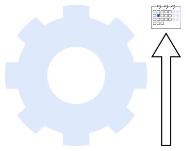 Yukarı doğru ok ve takvimi olan dişli simgesi köşede ilerlemeyi vurguluyor, optimizasyonu işliyor, planlama yapıyor. Geliştirme, zaman yönetimi, üretkenlik, strateji, iş akışı, verimlilik için ideal