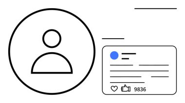 Etkileşim simgeleri ve bağlanma istatistikleri olan bir sosyal medya gönderisini gösteren bir karta bağlı kullanıcı profili simgesi. Sosyal platformlar, web tasarımı, kişisel markalaşma, dijital pazarlama ve içerik için ideal