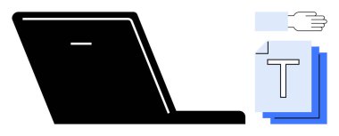 Bilgisayarı aç, katmanlı metin dokümanları ve etkileşimi gösteren el hareketi. İçerik oluşturma, dijital araçlar, uzaktan çalışma, işbirliği, çevrimiçi öğrenme, belge paylaşımı için ideal