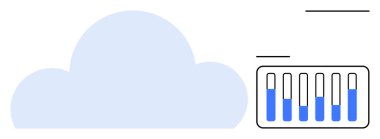 Büyük açık mavi bulut, dikey çubuk grafiğinin yanında veri performans ölçümlerini analiz ediyor. Teknoloji, yenilik, veri analizi, bulut depolama, sunucu izleme, istatistik, basit iniş için ideal