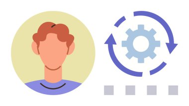 Çember okları ve ilerleme göstergeleriyle baş avatar, takım çalışması, otomasyon, yenilik, teknoloji, sistem entegrasyonu, süreç optimizasyonu ve beceri geliştirmesini vurguluyor