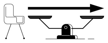 Öne bakan bir okla dengeli terazinin yanındaki sandalye dengeyi, ilerlemeyi ve kararları temsil eder. İş dünyası, iş hayatı dengesi, adalet, hedefler, liderlik, analiz ve eğilimler için ideal