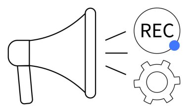 Bir kayıt simgesi ve dişli sembolüyle megafon ses dalgaları yayıyor. Pazarlama, medya üretimi, içerik oluşturma, podcast, ses ayarları, duyurular, basit iniş sayfası için ideal