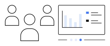 Üç kişilik bir grup ve bar tablosu ve veri içgörülerini gösteren bir ekran. Takım çalışması, analitik, işbirliği, iş, sunum, eğitim, veri güdümlü strateji, basit iniş sayfası için ideal