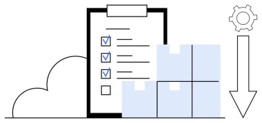 Kontrol işaretli pano kontrol listesi, istiflenmiş kutular, bulut, ok, dişli sembolü. Lojistik, tedarik zinciri, organizasyon, depo sevkiyat yönetimi için ideal basit iniş sayfası