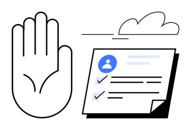 Doğrulama, izin ve profil doğrulamasını temsil eden, kontrol listesi ve simgeleri olan bir belgenin yanına uzanmış el. Onay, kimlik denetimi, organizasyon, mahremiyet, onay kullanıcısı için ideal