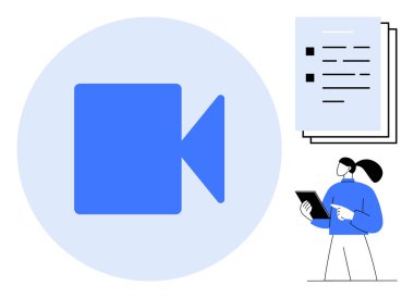 Elinde tablet tutan kadın belgeleri gözden geçiriyor, video kayıt ikonu, kontrol listesi. Uzak çalışma, çevrimiçi toplantılar, eğitim, dijital planlama, verimlilik, organizasyon için ideal