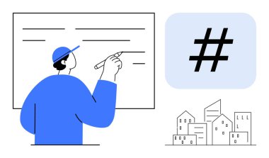 Mavi şapkalı bir adam organize çizgileri olan bir tahtaya yazı yazıyor, açık mavi kutuda meta veri etiketi simgesi ve minimalist şehir silüeti. Eğitim, strateji, planlama, markalaşma ve teknoloji için ideal